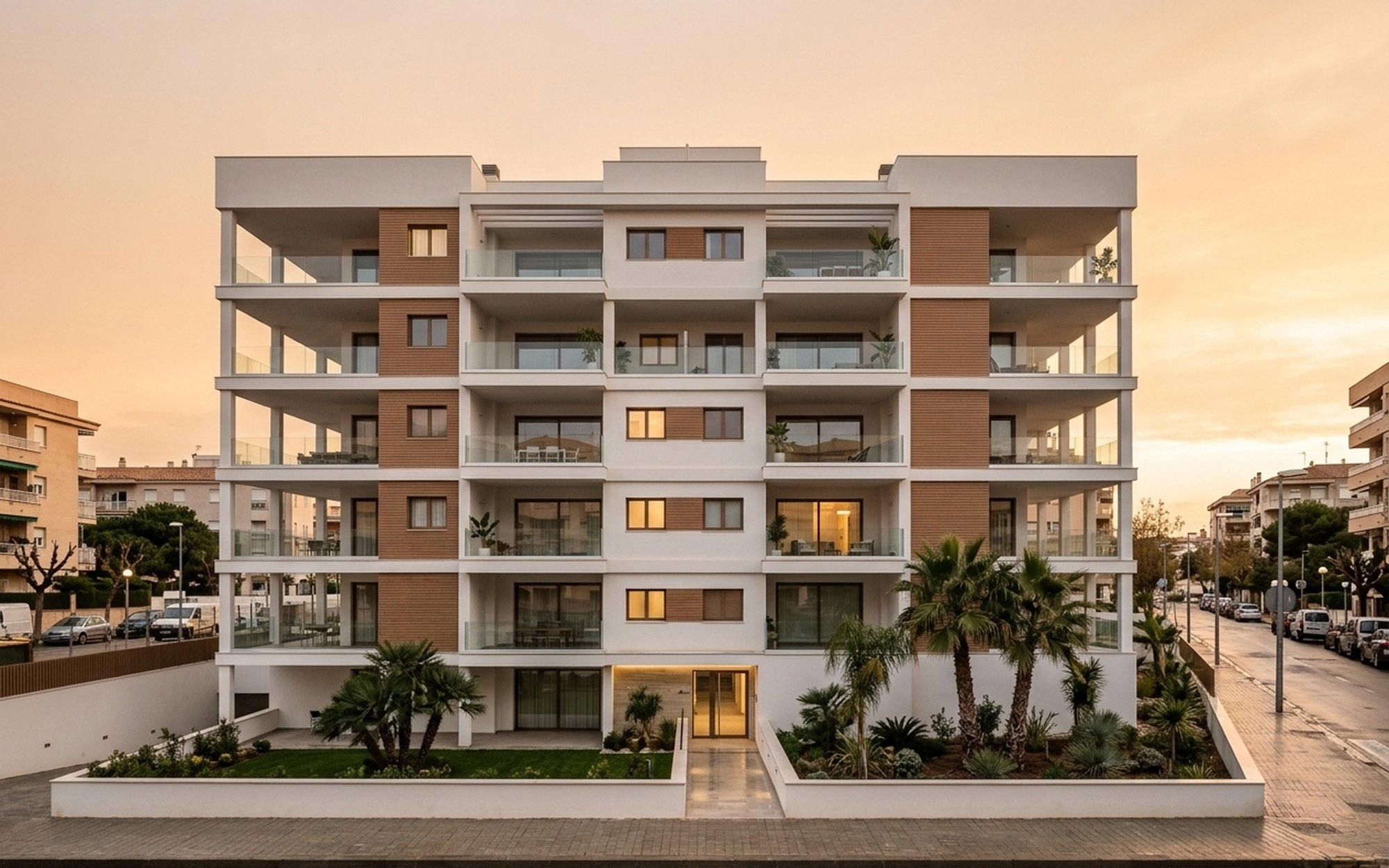 Render del edificio terminado al atardecer