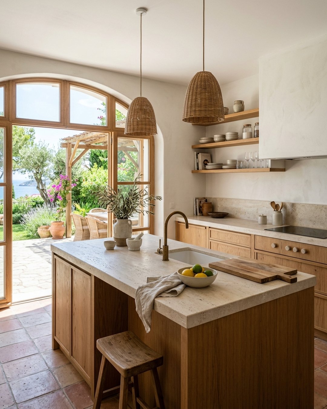 Render de una cocina abierta con isla de piedra clara
